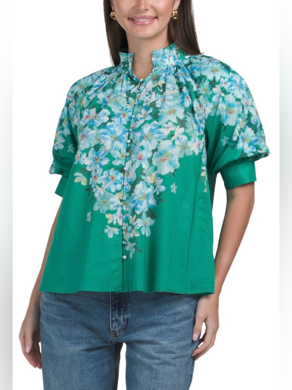 Elie Tahari Green Floral Button-Front Blouse